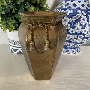 Hammered Brass Vase: Vintage Hexagonal Shape with Tassel Rope Detail Chinoiserie